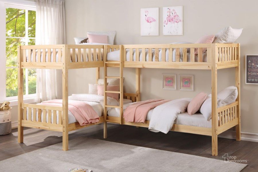 The appearance of Bartly Natural Pine Youth L Corner Bunk Bedroom Set designed by Homelegance in the transitional interior design. This beige piece of furniture  was selected by 1StopBedrooms from Bartly Collection to add a touch of cosiness and style into your home. Sku: B2043CN-1;B2043CN-2;B2043CN-SL;B2043-4. Bed Type: Bunk Bed. Material: Wood. Product Type: Bunk Bed. Bed Size: Twin. Image1