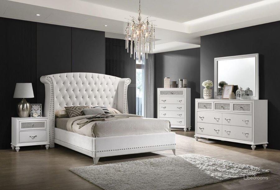 The appearance of Barzini White Upholstered Platform Bedroom Set designed by Coaster in the modern / contemporary interior design. This white piece of furniture  was selected by 1StopBedrooms from Barzini Collection to add a touch of cosiness and style into your home. Sku: 300843QB1;300843QB2;300843QB3;205892. Bed Type: Platform Bed. Product Type: Platform Bed. Bed Size: Queen. Material: MDF. Image1