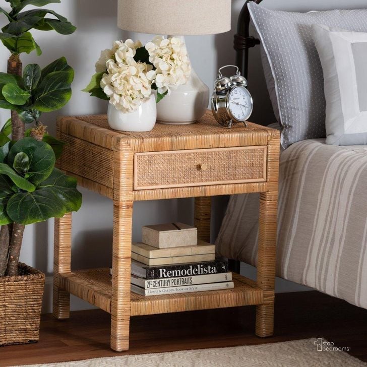 The appearance of Baxton Studio Adelia Modern Bohemian Natural Rattan And Mahogany Wood 1-Drawer Nightstand designed by Baxton Studio in the coastal interior design. This natural brown piece of furniture  was selected by 1StopBedrooms from Adelia Collection to add a touch of cosiness and style into your home. Sku: Adelia-Wooden-NS. Material: Natural Rattan. Product Type: Nightstand. Image1