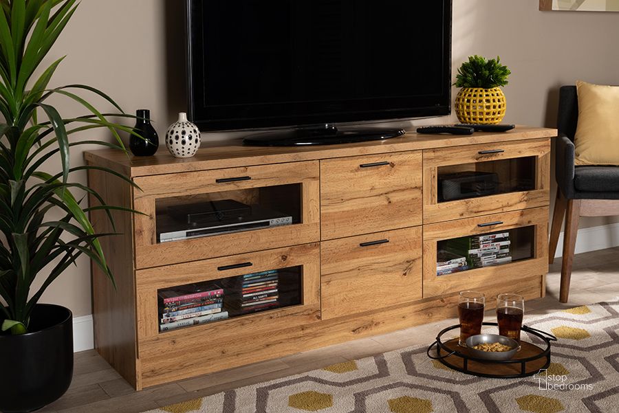 The appearance of Baxton Studio Adelino Modern And Contemporary Oak Brown Finished Wood 2-Drawer Tv Stand designed by Baxton Studio in the modern / contemporary interior design. This oak brown piece of furniture  was selected by 1StopBedrooms from Adelino Collection to add a touch of cosiness and style into your home. Sku: TV834133-H-Wotan Oak. Product Type: TV Stand. Material: MDF. Image1