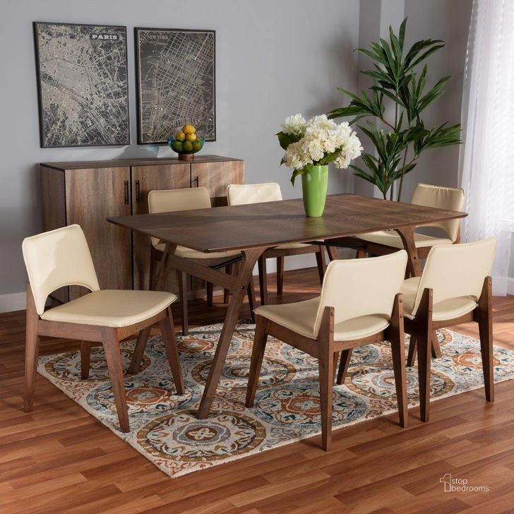 The appearance of Baxton Studio Afton Mid-Century Modern Beige Faux Leather Upholstered and Walnut Brown Finished Wood 7-Piece Dining Set designed by Baxton Studio in the transitional interior design. This walnut and beige piece of furniture  was selected by 1StopBedrooms from Afton Collection to add a touch of cosiness and style into your home. Sku: RDC827-Beige/Walnut-7PC Dining Set. Material: Faux Leather. Product Type: Dining Room Set. Image1