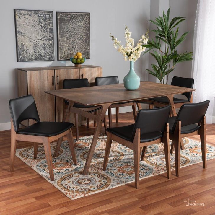 The appearance of Baxton Studio Afton Mid-Century Modern Black Faux Leather Upholstered and Walnut Brown Finished Wood 7-Piece Dining Set designed by Baxton Studio in the transitional interior design. This walnut and black piece of furniture  was selected by 1StopBedrooms from Afton Collection to add a touch of cosiness and style into your home. Sku: RDC827-Black/Walnut-7PC Dining Set. Material: Faux Leather. Product Type: Dining Room Set. Image1