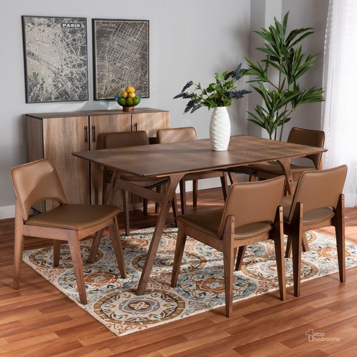 The appearance of Baxton Studio Afton Mid-Century Modern Brown Faux Leather Upholstered and Walnut Brown Finished Wood 7-Piece Dining Set designed by Baxton Studio in the transitional interior design. This walnut brown piece of furniture  was selected by 1StopBedrooms from Afton Collection to add a touch of cosiness and style into your home. Sku: RDC827-Brown/Walnut-7PC Dining Set. Material: Faux Leather. Product Type: Dining Room Set. Image1