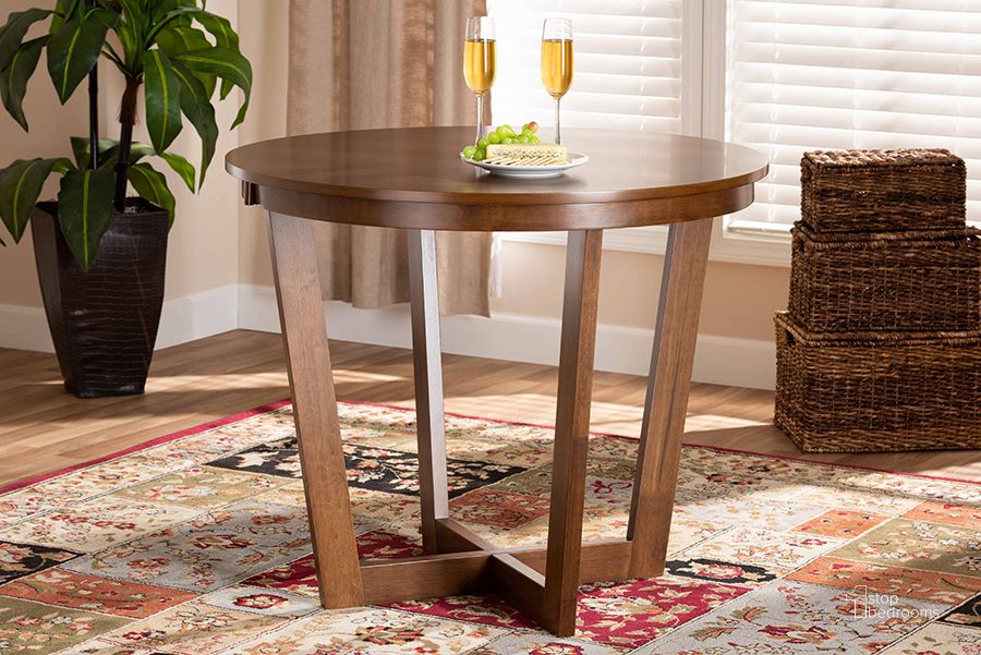 The appearance of Baxton Studio Alayna Modern and Contemporary Walnut Brown Finished 35-Inch-Wide Round Wood Dining Table designed by Baxton Studio in the modern / contemporary interior design. This walnut piece of furniture  was selected by 1StopBedrooms from Alayna Collection to add a touch of cosiness and style into your home. Sku: RH7048T-Walnut-35-IN-DT. Table Base Style: Trestle. Table Top Shape: Round. Product Type: Dining Table. Material: MDF. Size: 35". Image1