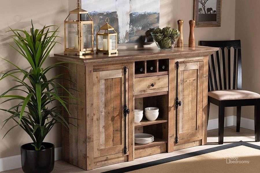 The appearance of Baxton Studio Albert Modern and Contemporary Farmhouse Rustic Finished Wood 2-Door Dining Room Sideboard Buffet designed by Baxton Studio in the rustic / southwestern interior design. This brown piece of furniture  was selected by 1StopBedrooms from Albert Collection to add a touch of cosiness and style into your home. Sku: BH-001-Yosemile Oak-Buffet. Material: Wood. Product Type: Buffets, Sideboards and Server. Image1
