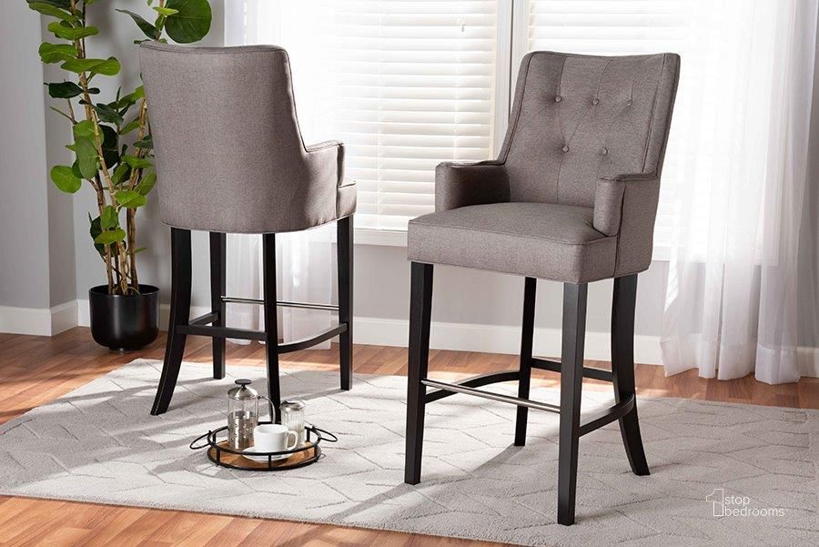 The appearance of Baxton Studio Aldon Modern and Contemporary Grey Fabric Upholstered and Dark Brown Finished Wood 2-Piece Bar Stool Set designed by Baxton Studio in the modern / contemporary interior design. This gray piece of furniture  was selected by 1StopBedrooms from Aldon Collection to add a touch of cosiness and style into your home. Sku: BBT5407B-Grey/Wenge-BS. Material: MDF. Product Type: Barstool. Image1