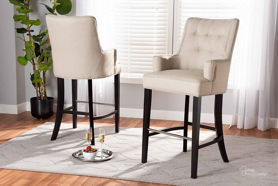 The appearance of Baxton Studio Aldon Modern and Contemporary Light Beige Fabric Upholstered and Dark Brown Finished Wood 2-Piece Bar Stool Set designed by Baxton Studio in the modern / contemporary interior design. This beige and dark brown piece of furniture  was selected by 1StopBedrooms from Aldon Collection to add a touch of cosiness and style into your home. Sku: BBT5407B-Light Beige/Wenge-BS. Material: MDF. Product Type: Barstool. Image1