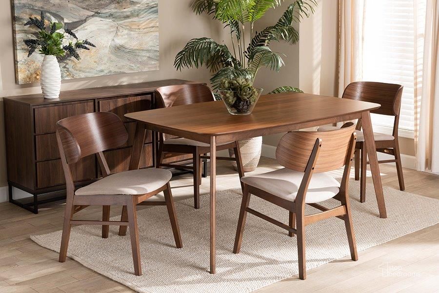 The appearance of Baxton Studio Alston Mid-Century Modern Beige Fabric Upholstered and Walnut Brown Finished Wood 5-Piece Dining Set designed by Baxton Studio in the transitional interior design. This walnut and beige piece of furniture  was selected by 1StopBedrooms from Alston Collection to add a touch of cosiness and style into your home. Sku: WM1892B-Latte/Walnut-5PC Dining Set. Product Type: Dining Room Set. Material: Rubberwood. Image1