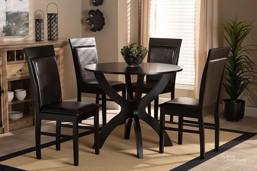The appearance of Baxton Studio Ancel Modern and Contemporary Dark Brown Faux Leather Upholstered and Dark Brown Finished Wood 5-Piece Dining Set designed by Baxton Studio in the modern / contemporary interior design. This dark brown piece of furniture  was selected by 1StopBedrooms from Ancel Collection to add a touch of cosiness and style into your home. Sku: Ancel-Dark Brown-5PC Dining Set. Product Type: Dining Room Set. Material: Rubberwood. Image1