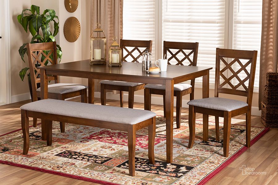 The appearance of Baxton Studio Andor Modern and Contemporary Grey Fabric Upholstered and Walnut Brown Finished Wood 6-Piece Dining Set designed by Baxton Studio in the modern / contemporary interior design. This grey and walnut piece of furniture  was selected by 1StopBedrooms from Andor Collection to add a touch of cosiness and style into your home. Sku: RH330C-Grey/Walnut-6PC Dining Set. Product Type: Dining Room Set. Material: Rubberwood. Image1