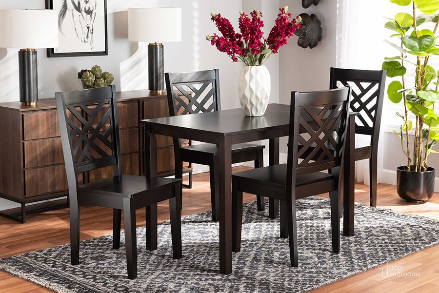 The appearance of Baxton Studio Ani Modern And Contemporary Dark Brown Finished Wood 5-Piece Dining Set designed by Baxton Studio in the modern / contemporary interior design. This dark brown piece of furniture  was selected by 1StopBedrooms from  to add a touch of cosiness and style into your home. Sku: Ani-Dark Brown-5PC Dining Set. Material: Wood. Product Type: Dining Room Set. Image1