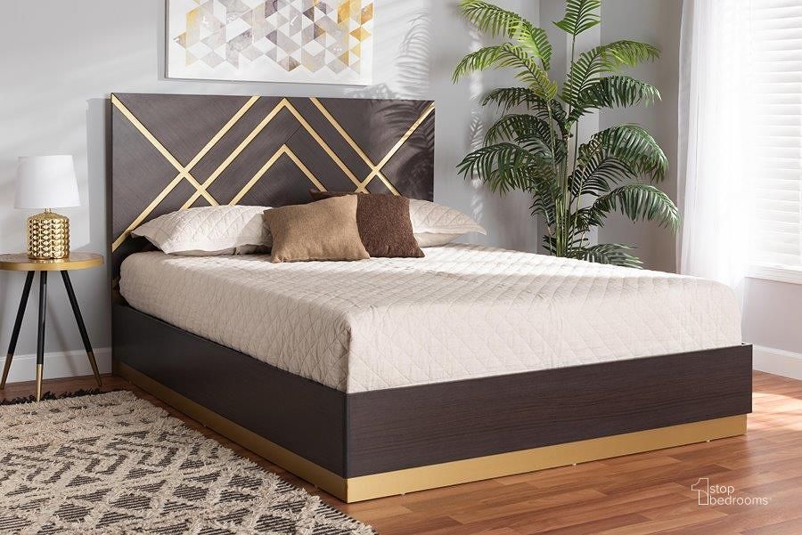 The appearance of Baxton Studio Arcelia Contemporary Glam and Luxe Two-Tone Dark Brown and Gold Finished Wood Queen Size Platform Bed designed by Baxton Studio in the glam interior design. This walnut brown piece of furniture  was selected by 1StopBedrooms from Arcelia Collection to add a touch of cosiness and style into your home. Sku: SEBED13032026-Modi Wenge/Gold-Queen. Bed Type: Platform Bed. Material: Wood. Product Type: Platform Bed. Bed Size: Queen. Image1