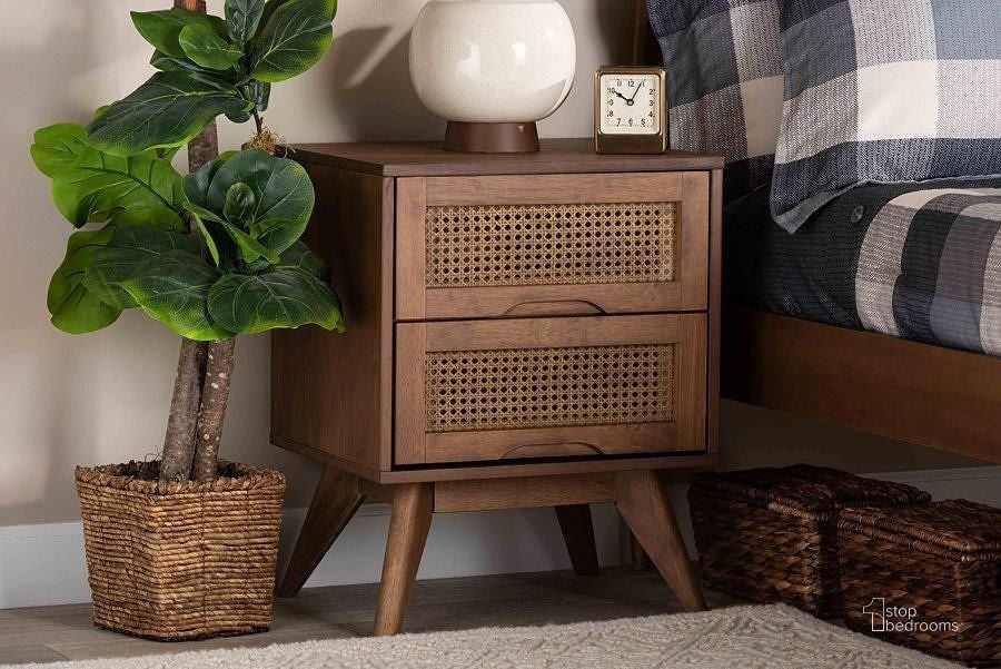 The appearance of Baxton Studio Barrett Mid-Century Modern Walnut Brown Finished Wood and Synthetic Rattan 2-Drawer Nightstand designed by Baxton Studio in the transitional interior design. This walnut brown piece of furniture  was selected by 1StopBedrooms from Barrett Collection to add a touch of cosiness and style into your home. Sku: MG9001-Rattan-2DW-NS. Product Type: Nightstand. Material: Rubberwood. Image1
