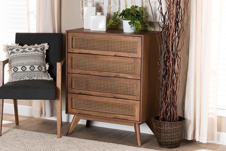 The appearance of Baxton Studio Barrett Mid-Century Modern Walnut Brown Finished Wood and Synthetic Rattan 4-Drawer Chest designed by Baxton Studio in the transitional interior design. This walnut brown piece of furniture  was selected by 1StopBedrooms from Barrett Collection to add a touch of cosiness and style into your home. Sku: MG9001-Rattan-4DW-Chest. Product Type: Chest. Material: Rubberwood. Image1