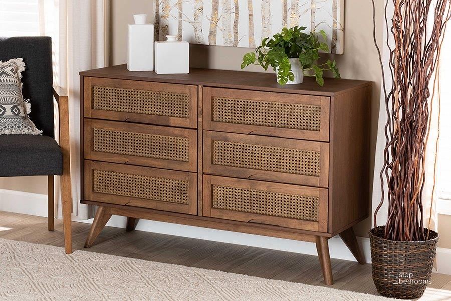 The appearance of Baxton Studio Barrett Mid-Century Modern Walnut Brown Finished Wood and Synthetic Rattan 6-Drawer Dresser designed by Baxton Studio in the transitional interior design. This walnut brown piece of furniture  was selected by 1StopBedrooms from Barrett Collection to add a touch of cosiness and style into your home. Sku: MG9001-Rattan-6DW-Dresser. Product Type: Dresser. Material: Rubberwood. Image1