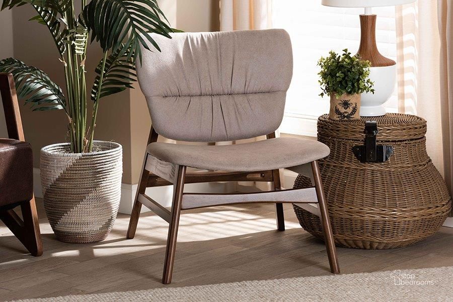 The appearance of Baxton Studio Benito Mid-Century Modern Transitional Beige Fabric Upholstered and Walnut Brown Finished Wood Accent Chair designed by Baxton Studio in the transitional interior design. This walnut and beige piece of furniture  was selected by 1StopBedrooms from Benito Collection to add a touch of cosiness and style into your home. Sku: WM5031-Latte/Walnut-CC. Product Type: Accent Chair. Material: Rubberwood. Image1