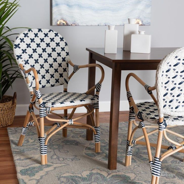 The appearance of Baxton Studio Bryson Modern French Blue And White Weaving And Natural Rattan Bistro Chair designed by Baxton Studio in the transitional interior design. This natural brown piece of furniture  was selected by 1StopBedrooms from Bryson Collection to add a touch of cosiness and style into your home. Sku: BC010-W2-Rattan-DC Arm. Material: Natural Rattan. Product Type: Bar Chair. Image1