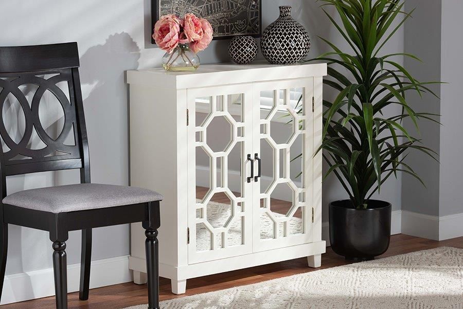 The appearance of Baxton Studio Carlena Modern and Contemporary White Finished Wood and Mirrored Glass 2-Door Sideboard designed by Baxton Studio in the modern / contemporary interior design. This white piece of furniture  was selected by 1StopBedrooms from Carlena Collection to add a touch of cosiness and style into your home. Sku: JY20B076-White/Mirror-Sideboard. Product Type: Sideboard. Material: MDF. Image1