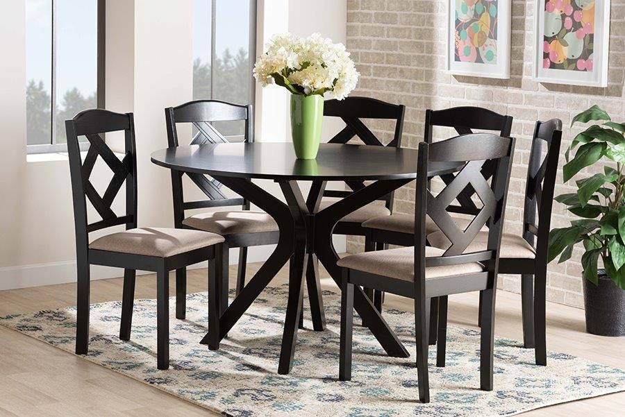 The appearance of Baxton Studio Carlin Sand Fabric Upholstered and Dark Brown Finished Wood 7-Piece Dining Set designed by Baxton Studio in the modern / contemporary interior design. This sand and dark brown piece of furniture  was selected by 1StopBedrooms from Carlin Collection to add a touch of cosiness and style into your home. Sku: Carlin-Sand/Dark Brown-7PC Dining Set. Product Type: Dining Room Set. Material: Rubberwood. Image1