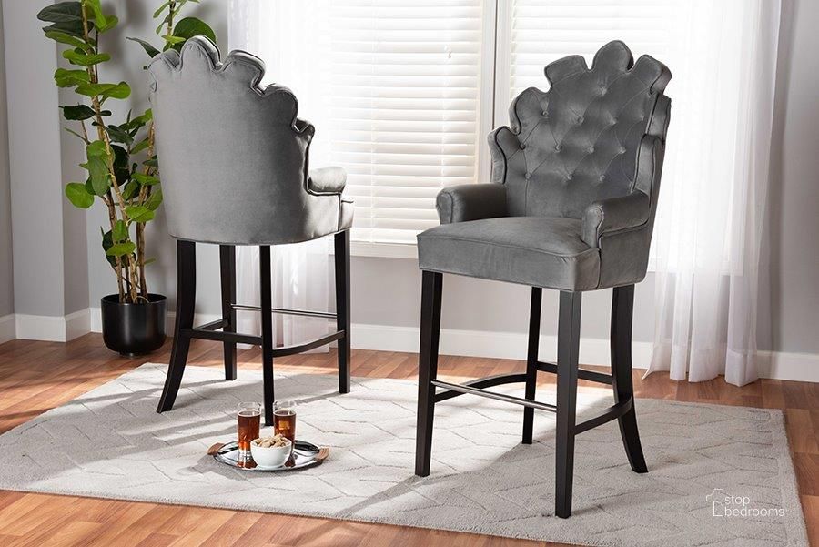 The appearance of Baxton Studio Chloe Modern and Contemporary Dark Grey Velvet Upholstered and Dark Brown Finished Wood 2-Piece Bar Stool Set designed by Baxton Studio in the modern / contemporary interior design. This dark gray piece of furniture  was selected by 1StopBedrooms from Chloe Collection to add a touch of cosiness and style into your home. Sku: BBT5408B-Dark Grey Velvet/Wenge-BS. Material: MDF. Product Type: Barstool. Image1