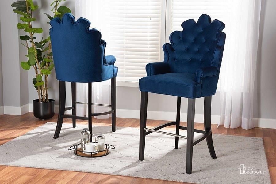 The appearance of Baxton Studio Chloe Modern and Contemporary Navy Blue Velvet Upholstered and Dark Brown Finished Wood 2-Piece Bar Stool Set designed by Baxton Studio in the modern / contemporary interior design. This dark brown piece of furniture  was selected by 1StopBedrooms from Chloe Collection to add a touch of cosiness and style into your home. Sku: BBT5408B-Navy Blue Velvet/Wenge-BS. Material: MDF. Product Type: Barstool. Image1