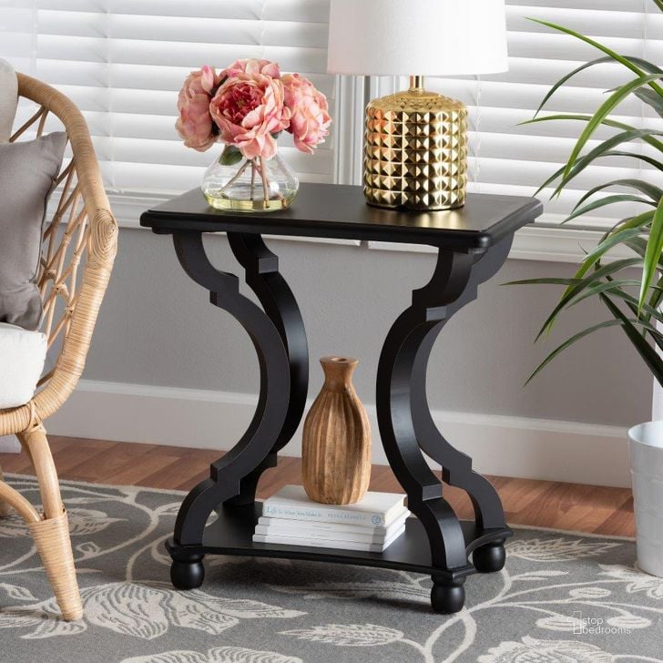 The appearance of Baxton Studio Cianna Classic and Traditional Black Wood End Table designed by Baxton Studio in the traditional interior design. This black piece of furniture  was selected by 1StopBedrooms from Cianna Collection to add a touch of cosiness and style into your home. Sku: JY21A025-Black-Wooden-ET. Material: Wood. Product Type: End Table. Image1