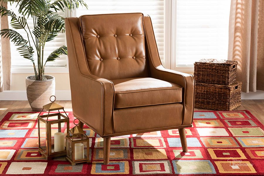 The appearance of Baxton Studio Daley Modern And Contemporary Tan Faux Leather Upholstered And Walnut Brown Finished Wood Lounge Armchair designed by Baxton Studio in the modern / contemporary interior design. This tan and walnut brown piece of furniture  was selected by 1StopBedrooms from Daley Collection to add a touch of cosiness and style into your home. Sku: BBT8056-Tan PU/Walnut-CC. Material: Wood. Product Type: Arm Chair. Image1