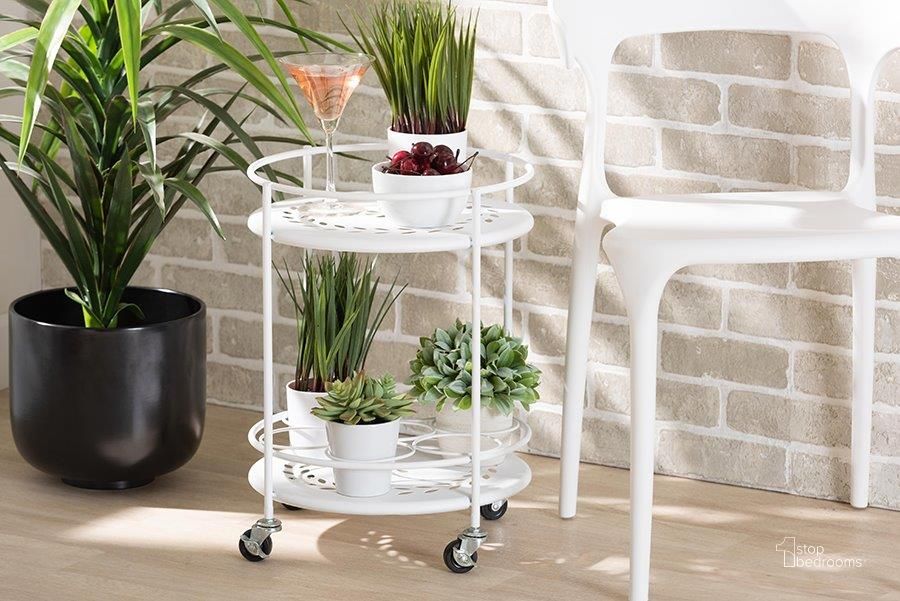 The appearance of Baxton Studio Dallan Modern Industrial White Metal 2-Tier Kitchen Cart designed by Baxton Studio in the industrial interior design. This white piece of furniture  was selected by 1StopBedrooms from Dallan Collection to add a touch of cosiness and style into your home. Sku: H01-101134A-White-Cart. Material: Metal. Product Type: Kitchen Cart. Image1