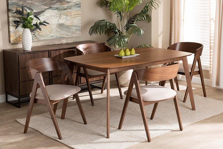 The appearance of Baxton Studio Danton Mid-Century Modern Beige Fabric Upholstered and Walnut Brown Finished Wood 5-Piece Dining Set designed by Baxton Studio in the transitional interior design. This walnut and beige piece of furniture  was selected by 1StopBedrooms from Danton Collection to add a touch of cosiness and style into your home. Sku: WM1900B-Latte/Walnut-5PC Dining Set. Product Type: Dining Room Set. Material: Rubberwood. Image1