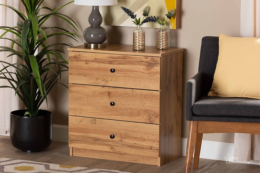 The appearance of Baxton Studio Decon Modern And Contemporary Oak Brown Finished Wood 3-Drawer Storage Chest designed by Baxton Studio in the modern / contemporary interior design. This oak brown piece of furniture  was selected by 1StopBedrooms from Decon Collection to add a touch of cosiness and style into your home. Sku: B06-Wotan Oak. Product Type: Chest. Material: MDF. Image1