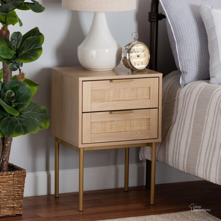 The appearance of Baxton Studio Dewitt Japandi Light Brown Finished Wood And Gold Metal 2-Drawer End Table designed by Baxton Studio in the coastal interior design. This brown/gold piece of furniture  was selected by 1StopBedrooms from Dewitt Collection to add a touch of cosiness and style into your home. Sku: SR221132-Wooden-ET. Product Type: End Table. Material: MDF. Image1