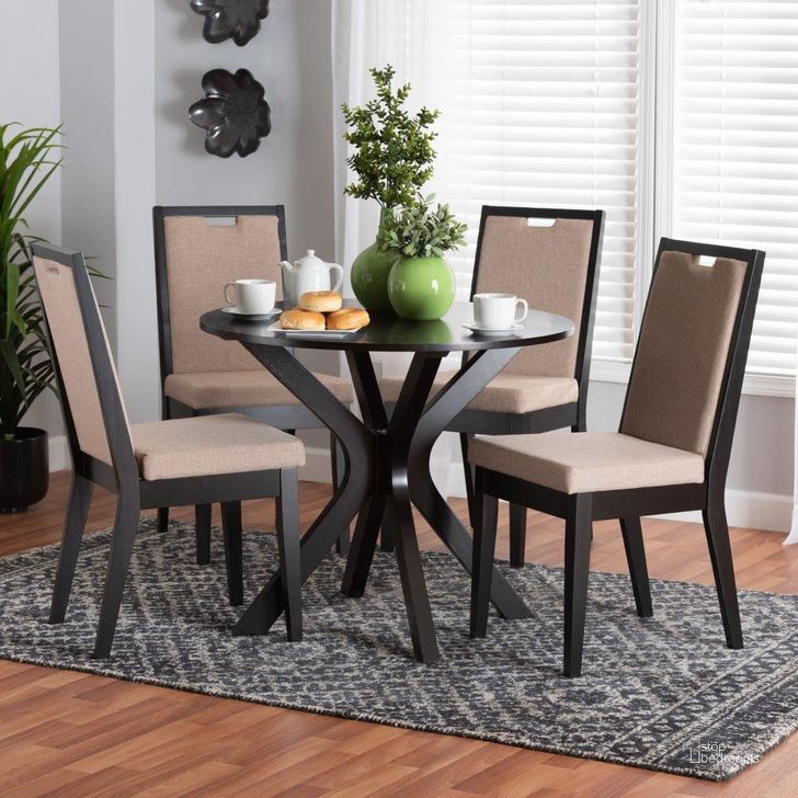 The appearance of Baxton Studio Eira Modern Sand Fabric And Dark Brown Finished Wood 5-Piece Dining Set designed by Baxton Studio in the modern / contemporary interior design. This beige and dark brown piece of furniture  was selected by 1StopBedrooms from Eira Collection to add a touch of cosiness and style into your home. Sku: Eira-Sand/Dark Brown-5PC Dining Set. Product Type: Dining Room Set. Material: Rubberwood. Image1