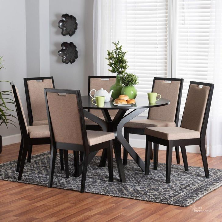 The appearance of Baxton Studio Eira Modern Sand Fabric And Dark Brown Finished Wood 7-Piece Dining Set designed by Baxton Studio in the modern / contemporary interior design. This beige and dark brown piece of furniture  was selected by 1StopBedrooms from Eira Collection to add a touch of cosiness and style into your home. Sku: Eira-Sand/Dark Brown-7PC Dining Set. Product Type: Dining Room Set. Material: Rubberwood. Image1