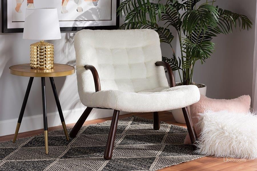 The appearance of Baxton Studio Eisa Modern and Contemporary White Sherpa Upholstered and Walnut Brown Finished Wood Accent Chair designed by Baxton Studio in the modern / contemporary interior design. This walnut brown piece of furniture  was selected by 1StopBedrooms from Eisa Collection to add a touch of cosiness and style into your home. Sku: 2017-White/Walnut-CC. Material: Wood. Product Type: Accent Chair. Image1
