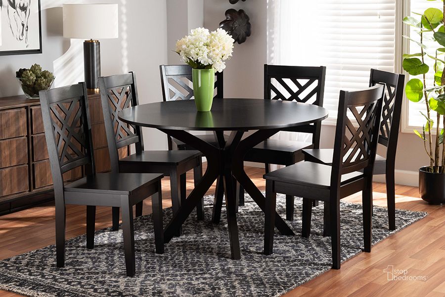 The appearance of Baxton Studio Ela Modern And Contemporary Dark Brown Finished Wood 7-Piece Dining Set designed by Baxton Studio in the modern / contemporary interior design. This dark brown piece of furniture  was selected by 1StopBedrooms from Ela Collection to add a touch of cosiness and style into your home. Sku: Ela-Dark Brown-7PC Dining Set. Material: Wood. Product Type: Dining Room Set. Image1