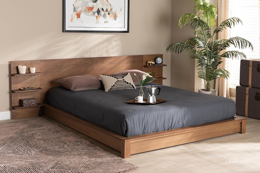 The appearance of Baxton Studio Elina Modern And Contemporary Walnut Brown Finished Wood King Size Platform Storage Bed With Shelves designed by Baxton Studio in the modern / contemporary interior design. This walnut brown piece of furniture  was selected by 1StopBedrooms from Elina Collection to add a touch of cosiness and style into your home. Sku: MG-0051-Ash Walnut-King. Bed Type: Platform Bed. Product Type: Platform Bed. Bed Size: King. Material: MDF. Image1