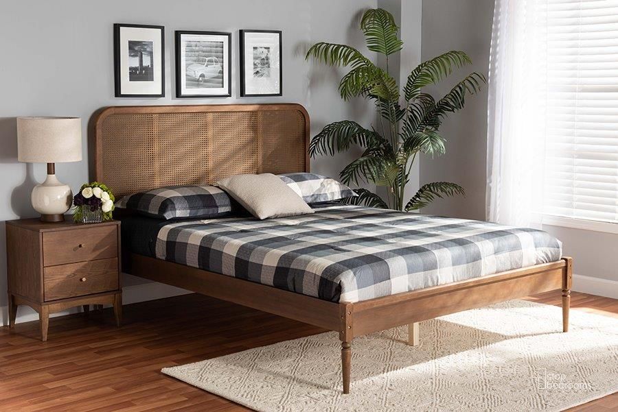 The appearance of Richesby Brown King Platform Bed designed by Isaac Tahari in the transitional interior design. This brown piece of furniture  was selected by 1StopBedrooms from Richesby Collection to add a touch of cosiness and style into your home. Sku: MG0056-Rattan/Walnut-King. Bed Type: Platform Bed. Product Type: Platform Bed. Bed Size: King. Material: Rubberwood. Image1
