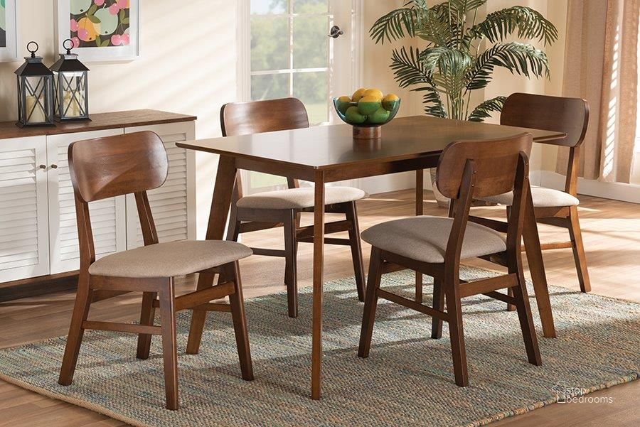 The appearance of Baxton Studio Euclid Mid-Century Modern Sand Fabric Upholstered and Walnut Brown Finished Wood 5-Piece Dining Set designed by Baxton Studio in the transitional interior design. This walnut brown piece of furniture  was selected by 1StopBedrooms from Euclid Collection to add a touch of cosiness and style into your home. Sku: RH369C-Sand/Walnut-5PC Dining Set. Product Type: Dining Room Set. Material: Rubberwood. Image1