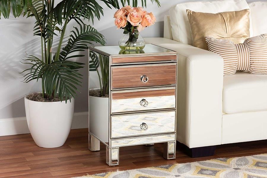 The appearance of Baxton Studio Ewan Contemporary Glam and Luxe Mirrored 3-Drawer Nightstand designed by Baxton Studio in the glam interior design. This silver piece of furniture  was selected by 1StopBedrooms from Ewan Collection to add a touch of cosiness and style into your home. Sku: RXF-8645-NS. Product Type: Nightstand. Material: MDF. Image1
