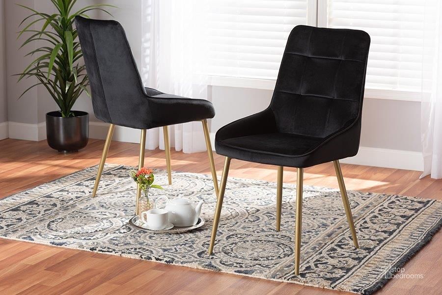 The appearance of Baxton Studio Gavino Modern Luxe and Glam Black Velvet Fabric Upholstered and Gold Finished Metal 2-Piece Dining Chair Set designed by Baxton Studio in the glam interior design. This black and gold piece of furniture  was selected by 1StopBedrooms from Gavino Collection to add a touch of cosiness and style into your home. Sku: DC178-Black Velvet/Gold-DC. Material: Polyester. Product Type: Dining Chair. Image1