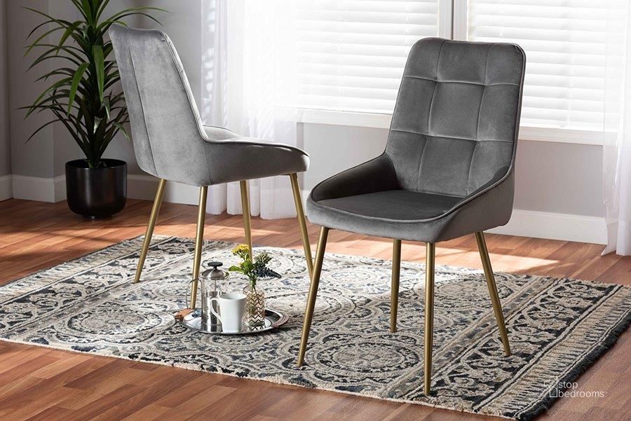 The appearance of Baxton Studio Gavino Modern Luxe and Glam Grey Velvet Fabric Upholstered and Gold Finished Metal 2-Piece Dining Chair Set designed by Baxton Studio in the glam interior design. This grey and gold piece of furniture  was selected by 1StopBedrooms from Gavino Collection to add a touch of cosiness and style into your home. Sku: DC178-Grey Velvet/Gold-DC. Material: Polyester. Product Type: Dining Chair. Image1