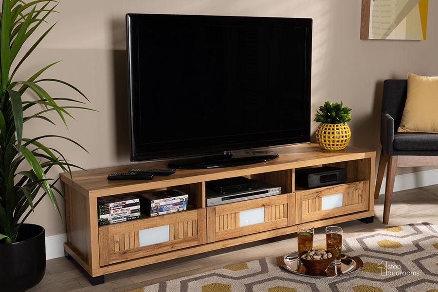The appearance of Baxton Studio Gerhardine Oak Brown Modern And Contemporary Finished Wood 3-Drawer Tv Stand designed by Baxton Studio in the modern / contemporary interior design. This oak brown piece of furniture  was selected by 1StopBedrooms from Gerhardine Collection to add a touch of cosiness and style into your home. Sku: TV834127-Wotan Oak. Product Type: TV Stand. Material: MDF. Image1