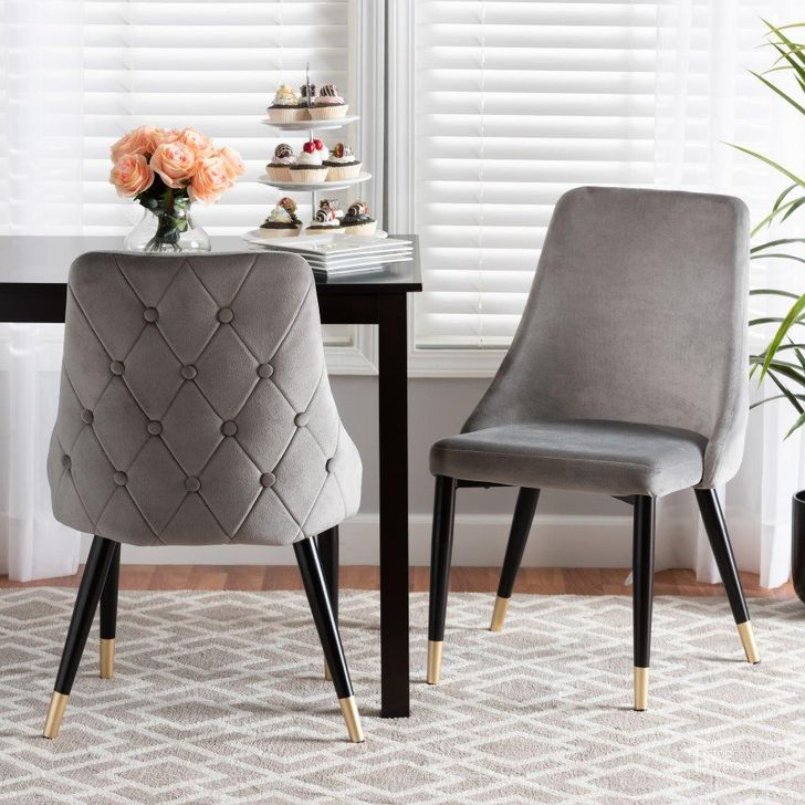 The appearance of Baxton Studio Giada Contemporary Glam and Luxe Grey Velvet Fabric and Dark Brown Finished Wood 2-Piece Dining Chair Set designed by Baxton Studio in the glam interior design. This black/gold piece of furniture  was selected by 1StopBedrooms from Giada Collection to add a touch of cosiness and style into your home. Sku: WI-12382-Grey Velvet-DC. Product Type: Dining Chair. Material: Plywood. Image1