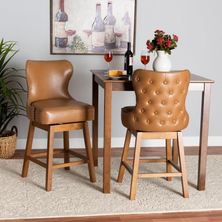 The appearance of Baxton Studio Gradisca Modern Tan Faux Leather And Walnut Brown Finished Wood 2-Piece Swivel Counter Stool Set designed by Baxton Studio in the modern / contemporary interior design. This tan piece of furniture  was selected by 1StopBedrooms from Gradisca Collection to add a touch of cosiness and style into your home. Sku: BBT5246C-Tan/Walnut-CS. Material: MDF. Product Type: Barstool. Image1
