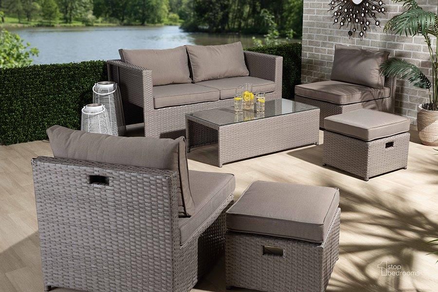 The appearance of Baxton Studio Haina Modern and Contemporary Grey Fabric Upholstered and Grey Finished Synthetic Rattan 6-Piece Patio Set designed by Baxton Studio in the modern / contemporary interior design. This grey piece of furniture  was selected by 1StopBedrooms from Haina Collection to add a touch of cosiness and style into your home. Sku: MLM-210592-Light Grey. Material: Polyester. Product Type: Outdoor Conversation Set. Image1
