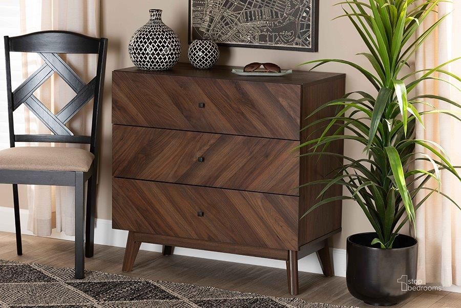 The appearance of Baxton Studio Hartman Mid-Century Modern Walnut Brown Finished Wood 3-Drawer Storage Chest designed by Baxton Studio in the transitional interior design. This walnut brown piece of furniture  was selected by 1StopBedrooms from Hartman Collection to add a touch of cosiness and style into your home. Sku: LV23COD23230WI-Columbia-3DW-Chest. Product Type: Chest. Material: MDF. Image1
