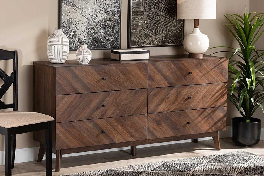 The appearance of Baxton Studio Hartman Mid-Century Modern Walnut Brown Finished Wood 6-Drawer Dresser designed by Baxton Studio in the transitional interior design. This walnut brown piece of furniture  was selected by 1StopBedrooms from Hartman Collection to add a touch of cosiness and style into your home. Sku: LV23COD23232WI-Columbia-6DW-Dresser. Product Type: Dresser. Material: MDF. Image1
