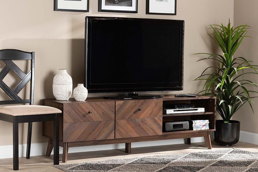 The appearance of Baxton Studio Hartman Mid-Century Modern Walnut Brown Finished Wood TV Stand designed by Baxton Studio in the transitional interior design. This walnut brown piece of furniture  was selected by 1StopBedrooms from Hartman Collection to add a touch of cosiness and style into your home. Sku: LV23TV2312WI-Columbia-TV. Product Type: TV Stand. Material: MDF. Image1