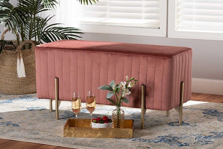 The appearance of Baxton Studio Helaine Contemporary Glam and Luxe Blush Pink Fabric Upholstered and Gold Metal Bench Ottoman designed by Baxton Studio in the glam interior design. This gold pink piece of furniture  was selected by 1StopBedrooms from Helaine Collection to add a touch of cosiness and style into your home. Sku: FZD200124-Blush Pink-Bench. Material: Polyester. Product Type: Ottoman. Image1