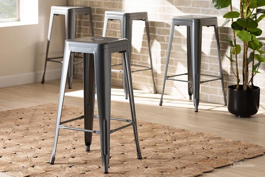 The appearance of Baxton Studio Horton Modern and Contemporary Industrial Grey Finished Metal 4-Piece Stackable Bar Stool Set designed by Baxton Studio in the industrial interior design. This grey piece of furniture  was selected by 1StopBedrooms from Horton Collection to add a touch of cosiness and style into your home. Sku: AY-MC07-Dark Grey-BS. Material: Metal. Product Type: Barstool. Image1